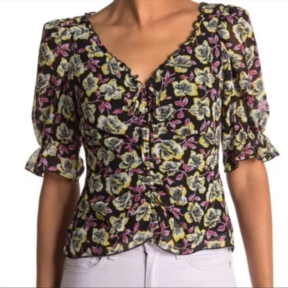 Cinq a Sept Kimberly Floral Ruffle Short Sleeve Ruched Top in Black Multi Size S